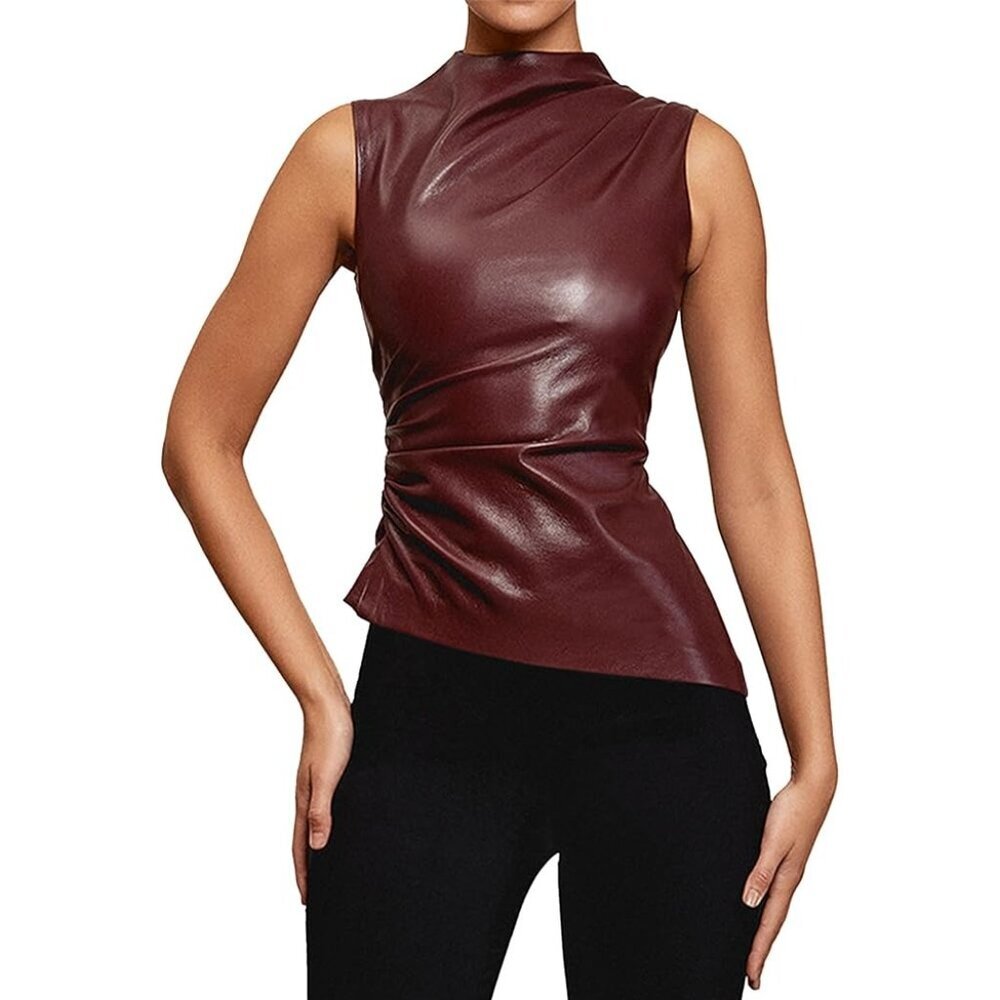 Faux Leather Pleated Sleeveless Asymmetrical Mock Neck Tank Top - Size M, NWT
